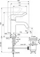 Wascharmatur von Ideal Standard mit einem langen Griff und einem Ablaufsystem. Die technische Zeichnung zeigt Maße und Anschlussdetails.
